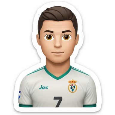 Cristiano Ronaldo emoji with characteristic hairstyle, confident expression, wearing football jersey sticker
