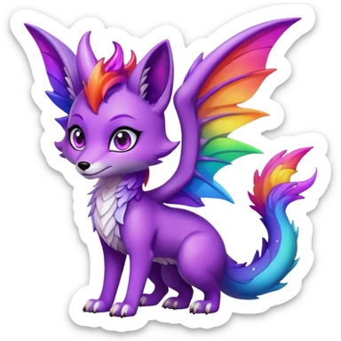 Black Cartoon female Fox dragon hybrid purple eyes with wings face front full body dark rainbow colored sticker