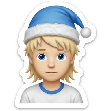 create boy blonde hair long messy, light eyes, white t shirt, rich, long hair, eyes blue, acessory head cristimas blue hat sticker