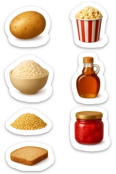 EMOJI STILE IPHONE DI Patate
Riso
Popcorn
Avena
Quinoa
Sciroppo d’acero
Marmellata di fragole
Pane di farro, fluttuano in aria REALISTICA 4K sticker