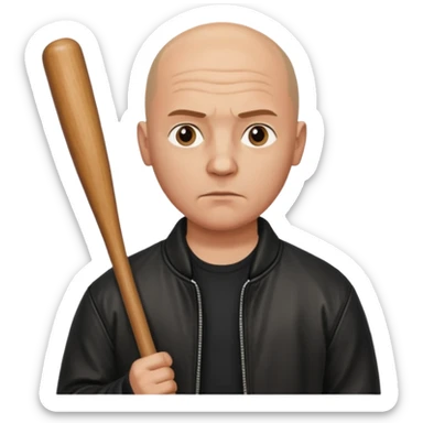 Bald Russian 1990s gangster emoji, leather jacket, , serious face with a bat sticker