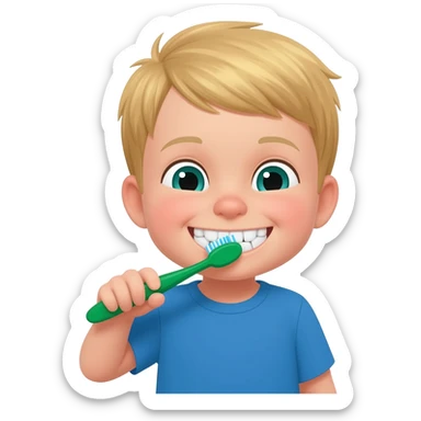 Use the same 3 year old blonde boy with green-blueish as before eyes happy brushing his teeth with a green toothbrush with a blue tshirt on sticker