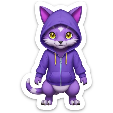 Colorful neon glowing dark gloomy :3 abyssal garurumon-purloin-feline-Fakemon-Digimon-creature wearing a violet hoodie fursona (full body)  sticker