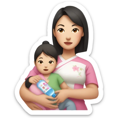An Asian woman with white skin holds an Asian baby and a small child in her arms, in the other hand a bottle / pacifier with a mixture on the bottle the inscription "ANA" in pink color sticker