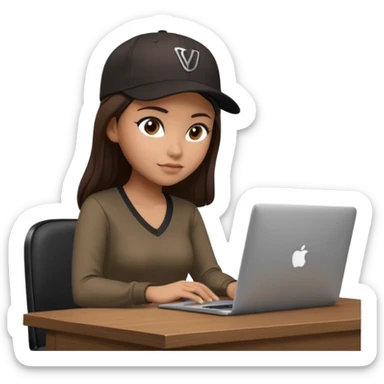 A professional 3D avatar of a young woman with olive skin and long, dark brown hair, wearing a dark, long-sleeved V-neck brown shirt and a black baseball cap. She's sitting at a sleek wooden desk, typing and looking at a silver MacBook.  sticker