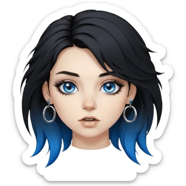 
 rockstar girl with black disheveled hair, blue eyes, Smokey eyes grunge makeup, ring on the side of the nose sticker