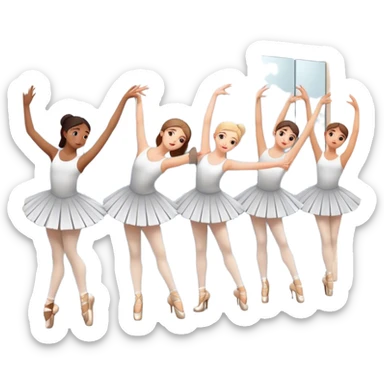 Icon for Choreography: a group of dancers in identical poses, standing by a wall with all wall long mirror, holding a long barre with one hand. The icon should capture the discipline and synchronized movement of dance training. Transparent background. sticker