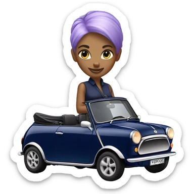 navy blue convertible Mini Cooper, with short, lilac colored haired woman driving sticker
