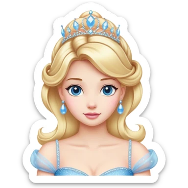 Cinematic Majestic Cinderella Portrait Emoji, rendered in a realistic, vector-style with clean, bold shapes. Depict Cinderella with a refined, noble expression, her fair skin luminous and her long blonde hair styled in an elegant updo, adorned with a delicate tiara. Her attire is a simple, sparkling ball gown that radiates soft pastel hues, glowing with a soft, majestic light and a subtle glowing outline, epitomizing classic royal beauty. sticker