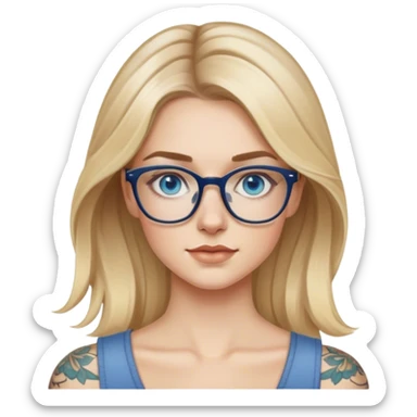 Hyper Realistic glamourous model, pale woman, long blonde balayage hair, blue eyes and glasses, shoulder tattoo  sticker