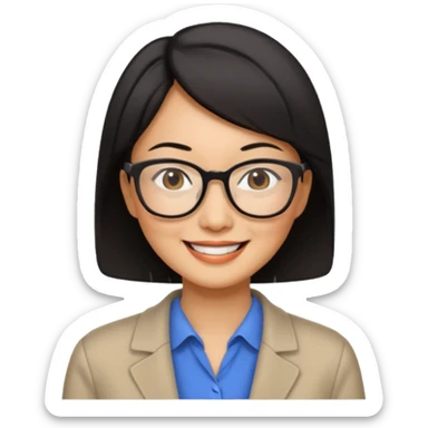 a middle-aged Asian woman with short hair wearing glasses and an impression sticker