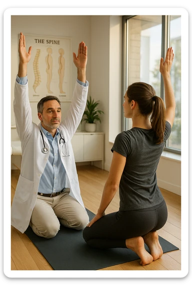 A realistic, cinematic illustration of a professional doctor in a white coat inside a bright, modern medical office, demonstrating a simple stretching exercise to a patient for improving posture. The doctor, calm and encouraging, shows a gentle spinal extension stretch while explaining its benefits for posture and spinal health, with an anatomical poster of the spine and posture alignment in the background. The scene includes a yoga mat, clean wooden floors, and natural light streaming through large windows, creating a warm, health-focused atmosphere. The patient, in comfortable activewear, watches and mirrors the stretch, emphasizing the preventive and therapeutic role of stretching for posture correction under medical guidanc sticker