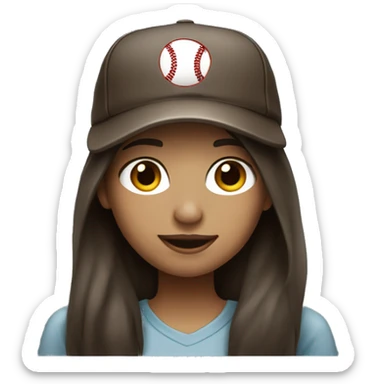 Girl with baseball cap and long dark brown hair and white skin using a laptop sticker