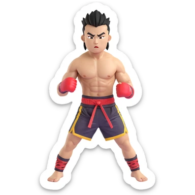 Rodtang Jitmuangnon with mohawk, intense expression, muscular build, in fighting stance, wearing mongkhon headband and Muay Thai shorts sticker