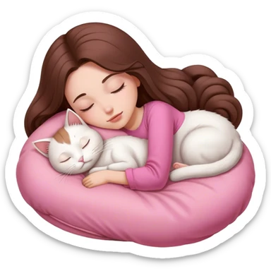 A pretty white girl with very long brown hair and pink clothing sleeping curled up to a white cat  sticker