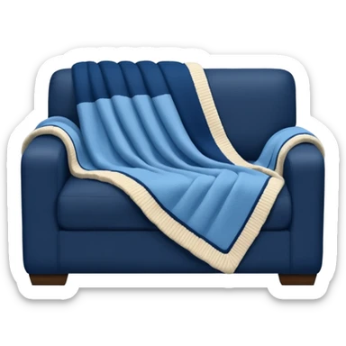 detailed, hyperrealism, still life style, beautiful realistic blue and cream  chunky wool blanket laying over a dark blue sofa sticker