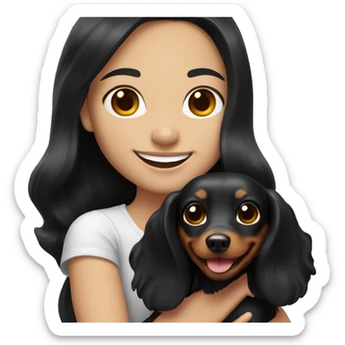 White girl with long black hair holding a dachshund and smiling sticker