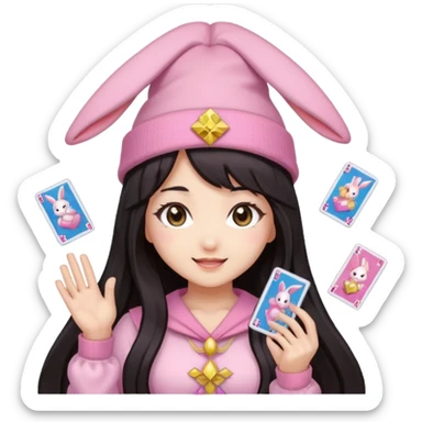 pixel art chibi asian girl with dark long hair in pink bunny ears hat magical girl with kawaii tarot cards thrown in air pixel emoji sticker