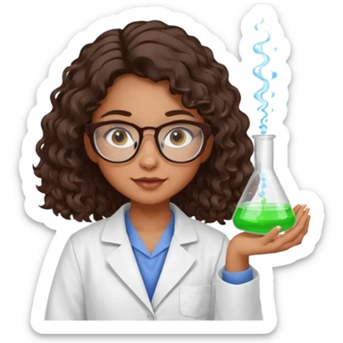 realistic bratz doll with long loose curly dark brown hair, glasses that are round cat eye vibes, in a lab coat mixing beakers that glow shes a 4th grade girl sticker