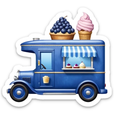 shiny-dark-blue crystal-bodied frozen blueberry muffin, pie, and ice cream, 1912 antique long-wheelbase cab over durable-looking low rider moving truck food truck  sticker
