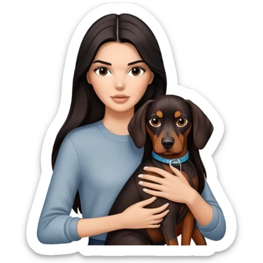 Kendall Jenner with long dark hair holds a Doberman Pinscher in her arms sticker