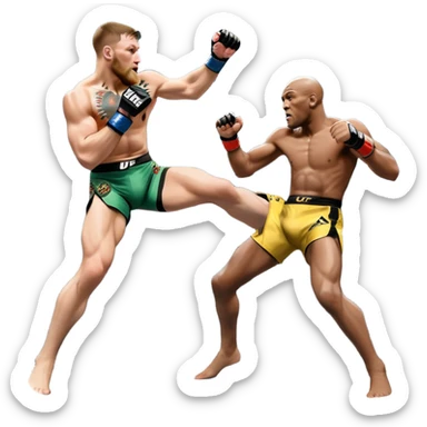An MMA showdown between Conor McGregor and Anderson Silva in the octagon. McGregor is executing a powerful jumping strike, while Silva is expertly blocking the attack with his forearm. The background features the UFC octagon, fans in the distance, and dynamic action. Transparent background sticker