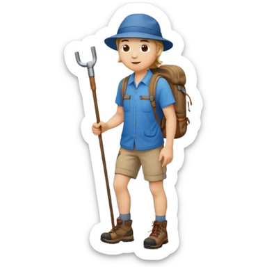 a full-body hiker with a hat blue shirt and hiking stick.hiking a mountain sticker