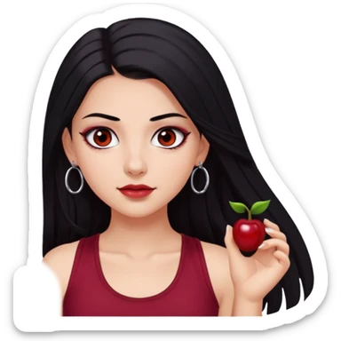 a pretty bratz fair girl with long black hair, kajal under eyes, small silver hoop. Dark cherry red tank top on. Black eyes sticker