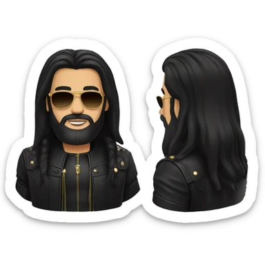 A man with long black hair, sunglasses, beard and leather outfit. He has two golden rings on his fingers sticker