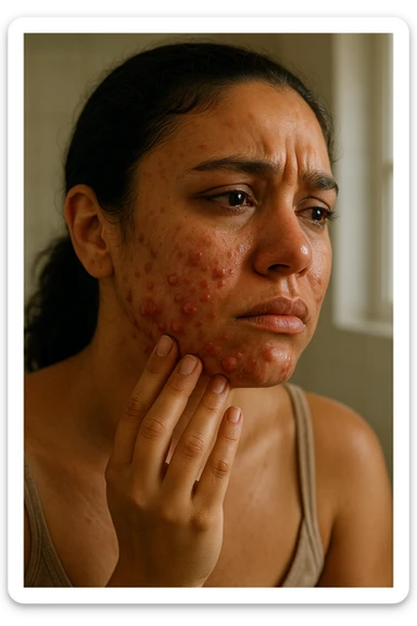 A highly realistic, cinematic portrait of a young woman in her late 20s with medium skin tone, showing visibly inflamed, deep cystic acne along her jawline, cheeks, and chin. Her skin appears red and irritated around the acne nodules, with noticeable swelling and tenderness, illustrating the painful nature of cystic acne linked to PCOS. Her facial expression shows discomfort and emotional distress, with slightly teary eyes as she gently touches an inflamed area on her jawline with her fingertips. Her hair is pulled back to clearly show the acne areas, and her skin has a slightly oily texture due to androgen-related sebum overproduction. The environment is a softly lit bathroom with neutral daylight, emphasizing the skin texture, redness, and deep acne. The style is realistic, 35mm cinematic photography with warm, neutral tones, soft shadows, and clear skin detail, providing a compassionate yet direct visualization of PCOS-related cystic acne sticker