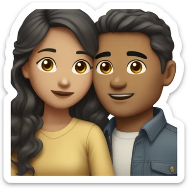 A pale half Asian man with short dark hair and amber eyes embracing and loving a half Asian woman with long wavy dark hair and dark hazel eyes. They love each other a lot And have good fashion taste and are hugging each other tight  sticker