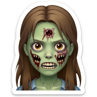 Girl zombie with brown long hair with teeth and serious face IOS style sticker