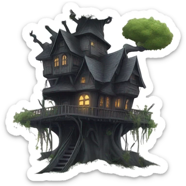 Fantasy haunted Addams tree house in an overgrown cottage with a futuristic twist  sticker
