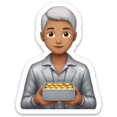 Living statue (silver paint),Street Performers,background street setup, with coins box sticker