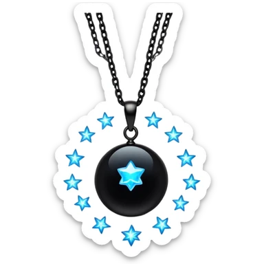 floating polished black onyx pendant, glowing with radiant blue energy, surrounded by tiny stars sticker