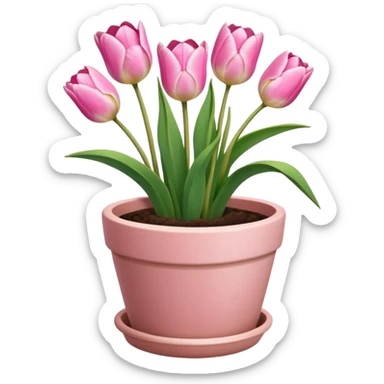 pink tulips in a plant pot in terra cota with white and pink flowers hand painted on the pot  sticker