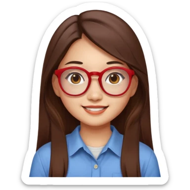 20 yr old asian woman, straight thick long brown hair, middle part, big red glasses, brown eyes, casual shirt sticker