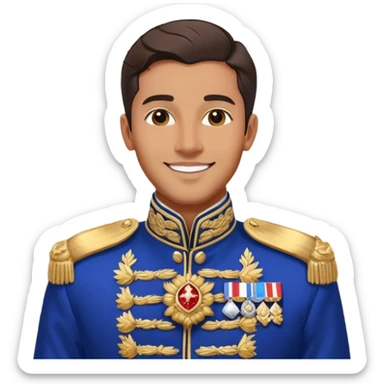a handsome man in an ornate royal blue and gold military jacket, aristocratic, smiling, luxurious palace interior, detailed, sharp focus, high resolution, 8k, hyperrealistic, cinematic lighting, dramatic shadows sticker