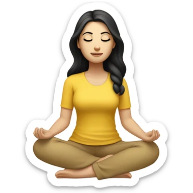 White girl with black hair meditating in yellow top and beige leggings sticker
