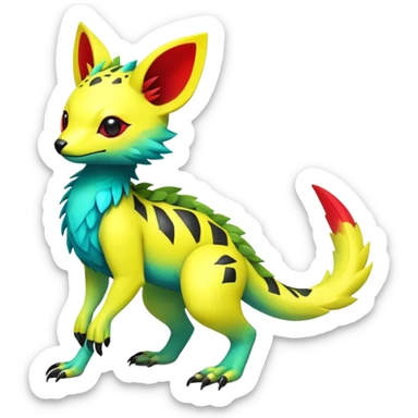 Rare realistic exotic edgy tropical cute yellow, with neon-green, neon-red, and neon-cyan markings epic pretty beautiful handsome gorgeous aesthetic colorful vibrant Vernid-Trico-species-Fakemon-creature by LiLaiRa, 4 legs, 1 tail, random markings, (full body) sticker