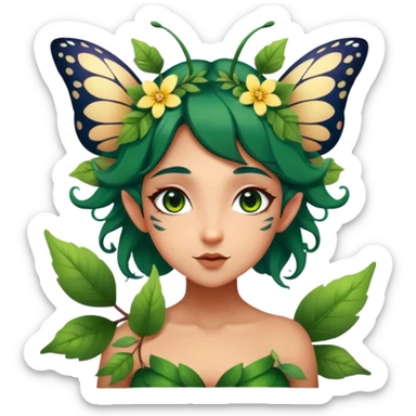 Cinematic Realistic Forest Fairy Portrait, head tilted playfully and inquisitively, showcasing a nature-inspired form with intricately detailed, sunlit tanned skin and cascading dark green hair interlaced with leaves and blossoms showing her large butterfly wings from her back. Her bright, curious eyes sparkle with forest mischief, rendered with lifelike clarity and warm, dappled lighting that captures the spirit of an enchanting woodland fairy ready to dance among the trees. sticker