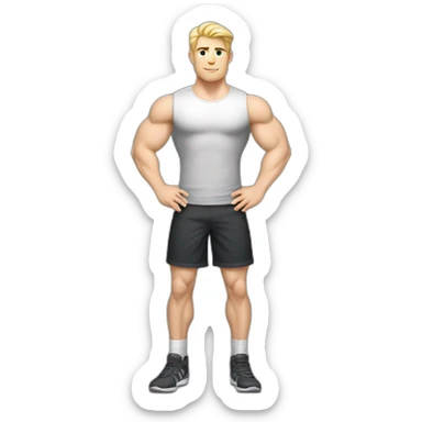 Full height Pale skinned fit man With the biceps and blonde hair In dark gray sleeveless mike, black oversize sports shorts, watch and white sneakers. his arms crossed over his chest sticker