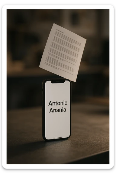 A photo of an iPhone with the message "Antonio Anania" on its screen, hovering over it is another document floating in mid-air, both surrounded by soft light and shadow. The phone sits atop a desk with a blurred background that suggests work environment. A faint glow from above casts gentle shadows across the surface of each object, creating depth and highlighting their textures. sticker