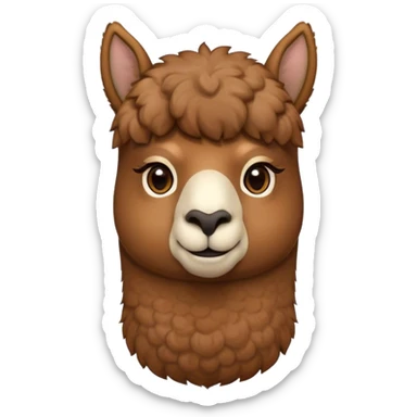 Cinematic Noble Brown Alpaca Portrait Emoji, Poised and regal, with a sturdy, graceful build and a rich, well-groomed brown fleece, deep-set soulful warm eyes, Simplified yet sharp and sophisticated features, highly detailed, glowing with a soft, dignified glow, high shine, intelligent and serene, stylized with an air of pastoral elegance, focused and attentive, soft glowing outline, capturing the essence of a watchful and confident companion, so majestic it feels as though it could stride out of the screen with effortless authority! sticker