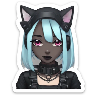 Gorgeous gothic dark techwear cyberpunk anime style sona anthro cat with blushing face aesthetic and pretty edgy black with collar and harness trending style sticker
