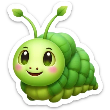 Cinematic Cute Caterpillar Portrait Emoji, Head tilted playfully and inquisitively, featuring a small, fuzzy body with rounded, plump segments, soft, endearing eyes and a charmingly wiggly movement, Simplified yet irresistibly adorable features, highly detailed, glowing with a warm, inviting green glow, high shine, affectionate and lively, stylized with a touch of whimsical woodland charm, soft glowing outline, capturing the essence of a mischievous caterpillar that seems as if it could crawl out of the screen into your arms! sticker