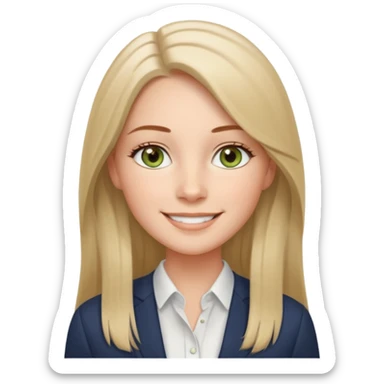 confident CEO named Freya McOmish, smiling, hazel green eyes, straight long hair with a middle part, subtle freckles, modern business style, broad shoulders, wearing a shirt without a collar sticker