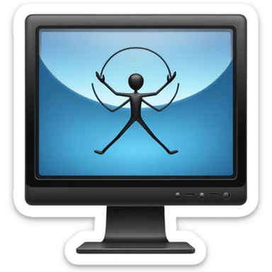 Minimalistic flat vector icon, iOS style, thin black contour on white background. Computer monitor showing a simple stickman character inside a game world. Clean, no text, no shadows sticker
