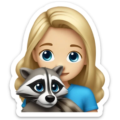 Dark blonde, blue eyes, girl, hugs a racoon sticker