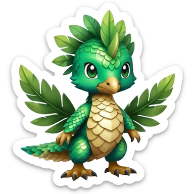 Cute cool fantasy animal hybrid Fakemon full body, green scales, leaves, feathers, sticker